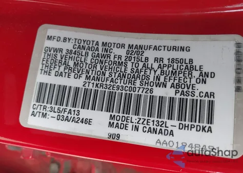 2003 Toyota Matrix Standard from USA, damaged, VIN 2T1KR32E93C007726